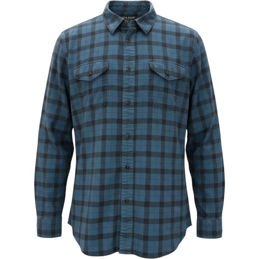 Filson Mens XL Blue Black Plaid Cotton Twill Button Down Field Work Shirt